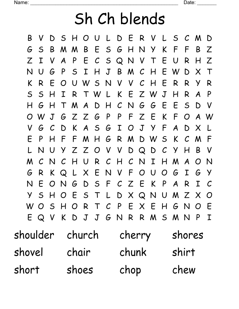 Sh Ch blends Word Search