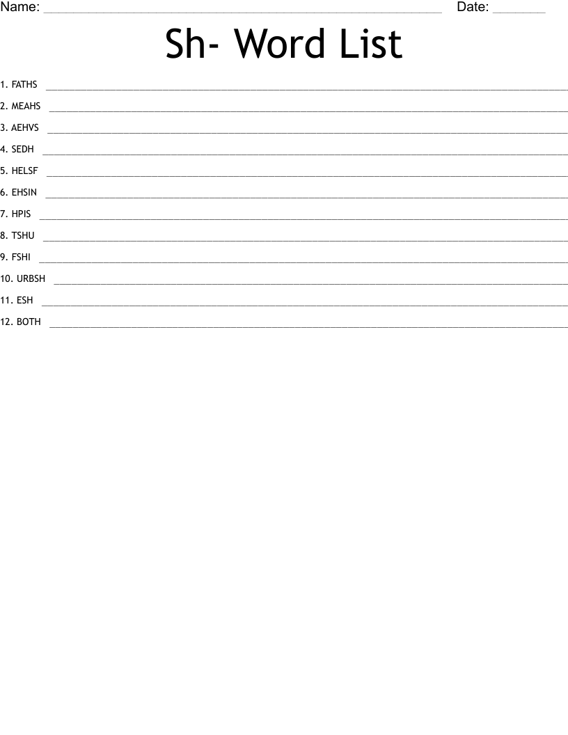 Sh- Word List Word Scramble