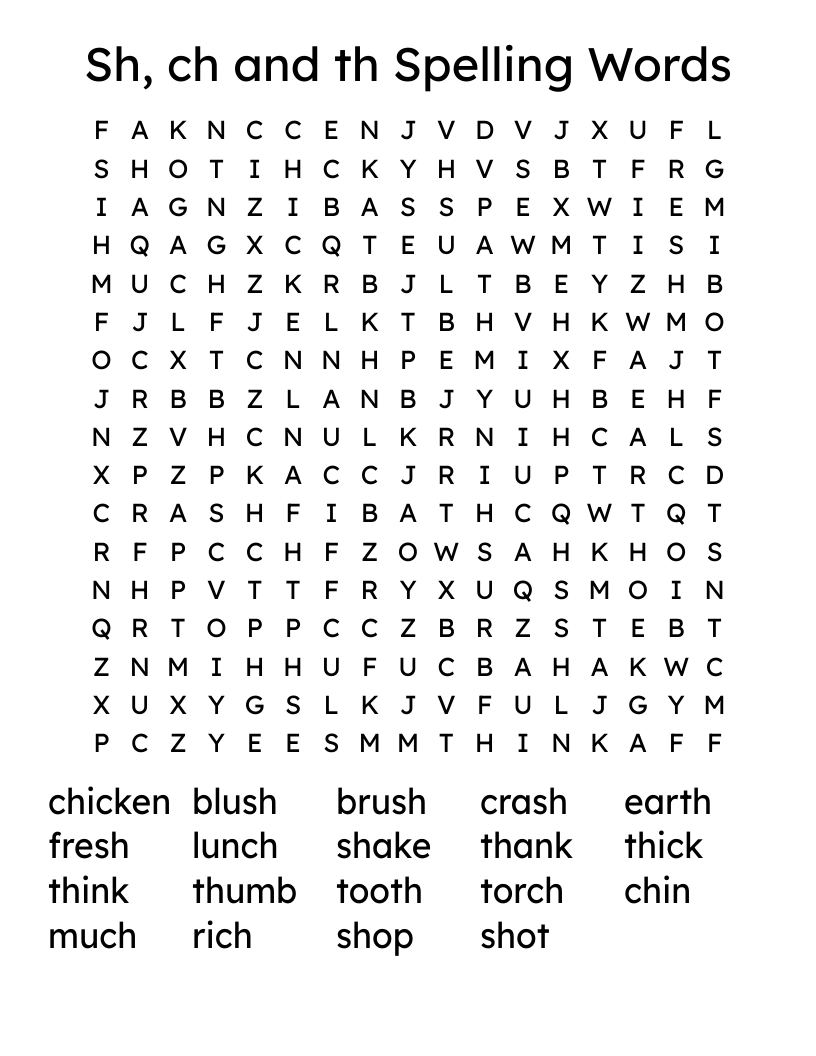 Sh, ch and th Spelling Words Word Search