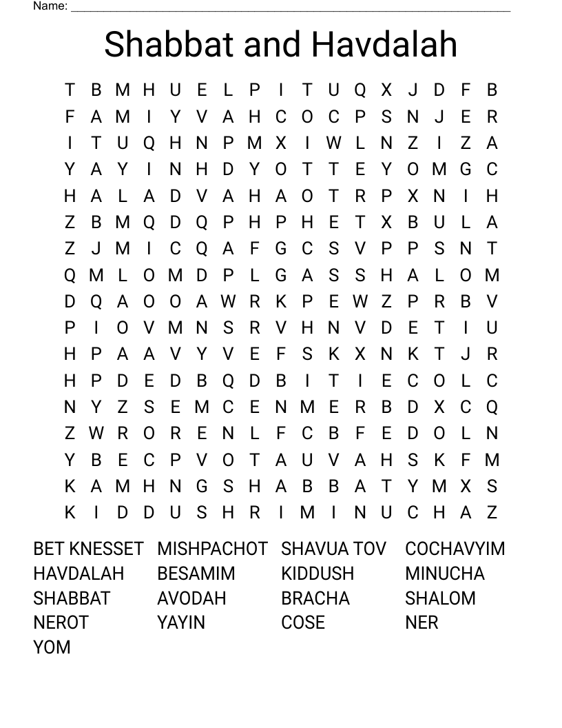 Shabbat and Havdalah Word Search