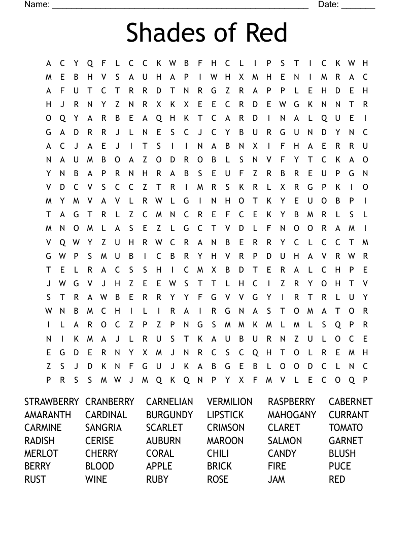Shades of Red Word Search