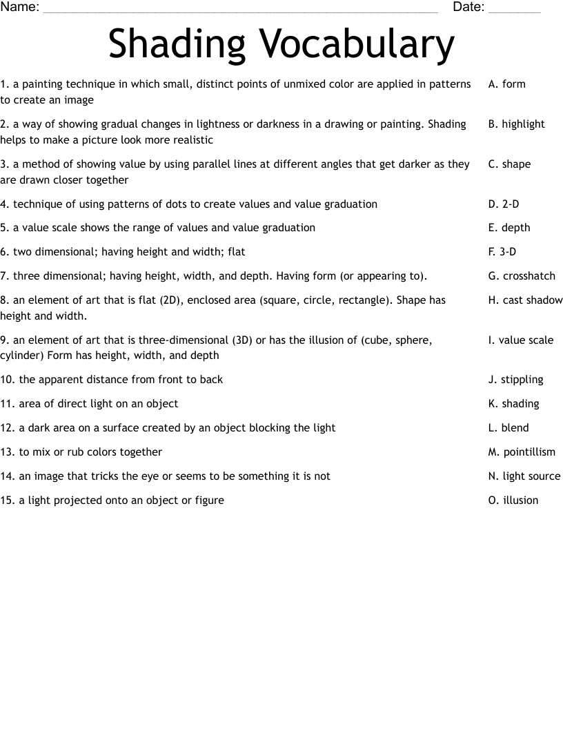 Shading Vocabulary Worksheet