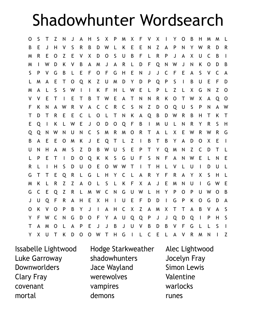 Shadowhunter Wordsearch