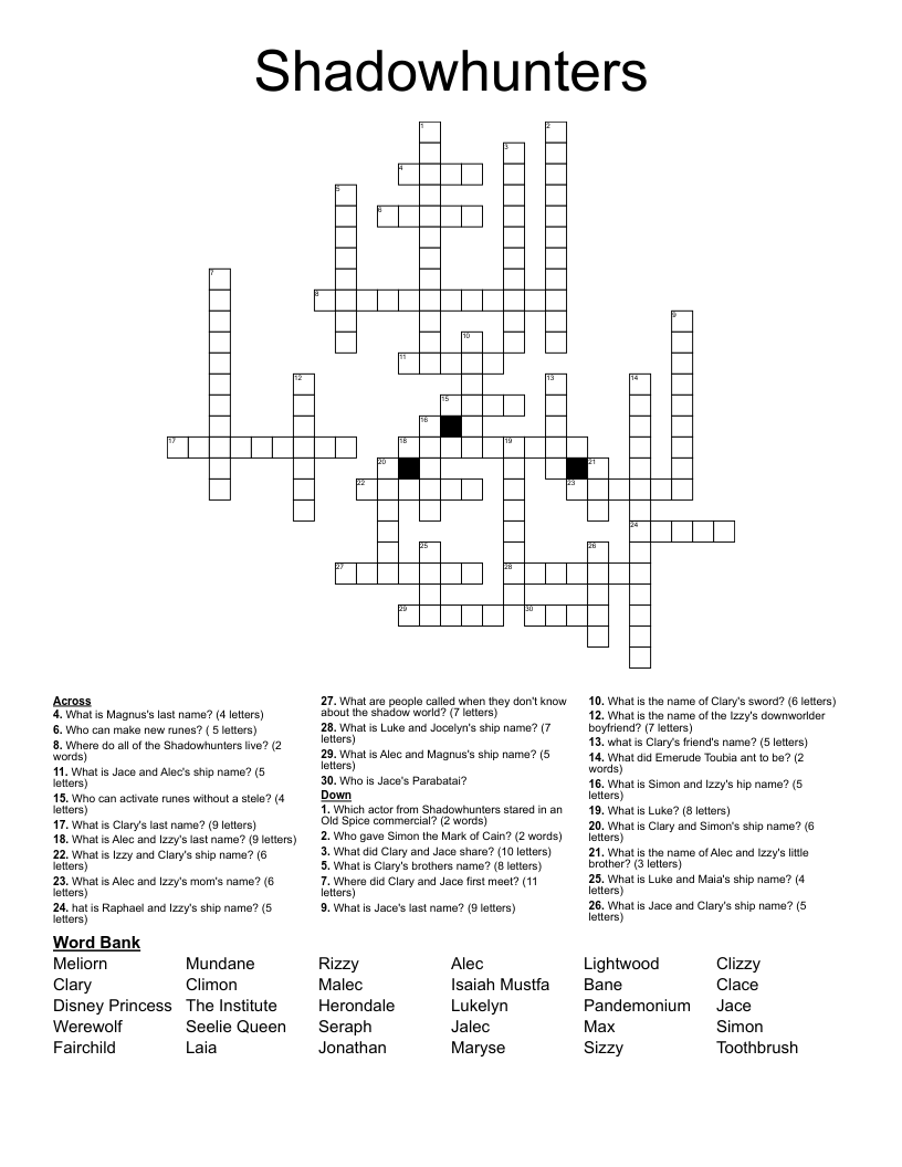 Shadowhunters Crossword