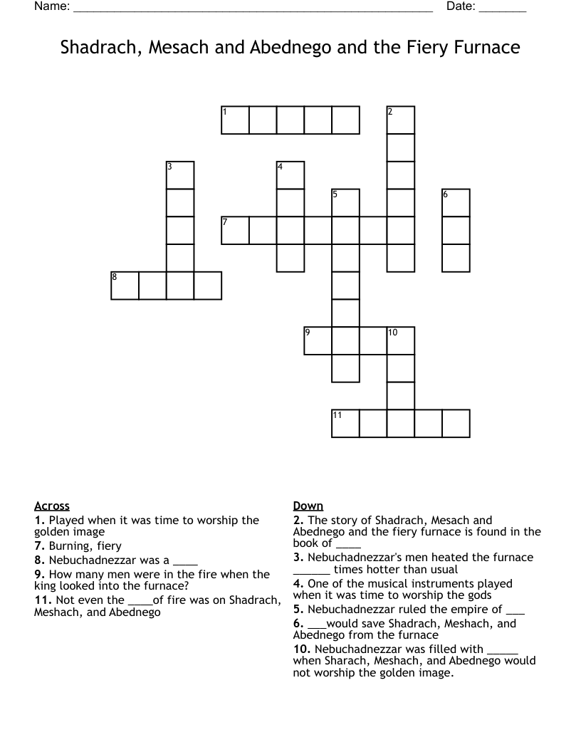 Shadrach, Mesach and Abednego and the Fiery Furnace Crossword