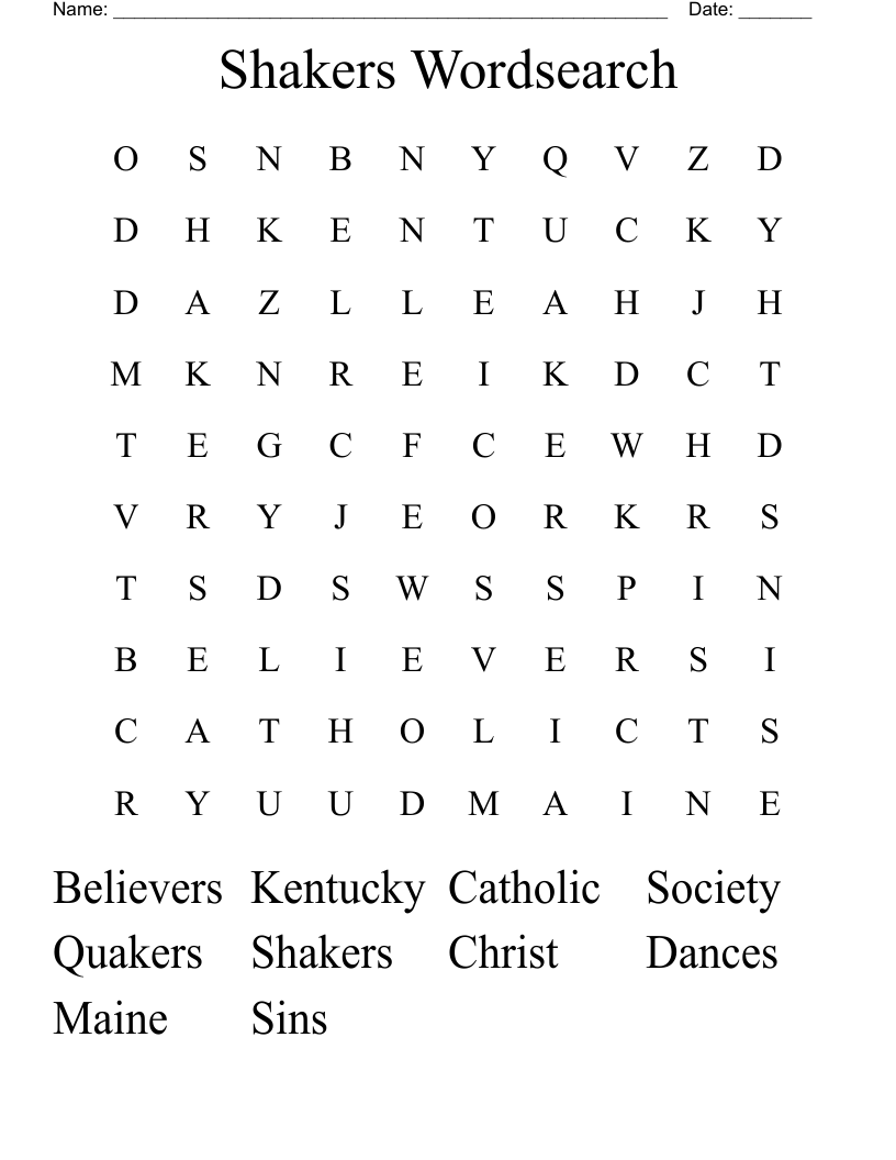 Shakers Wordsearch 