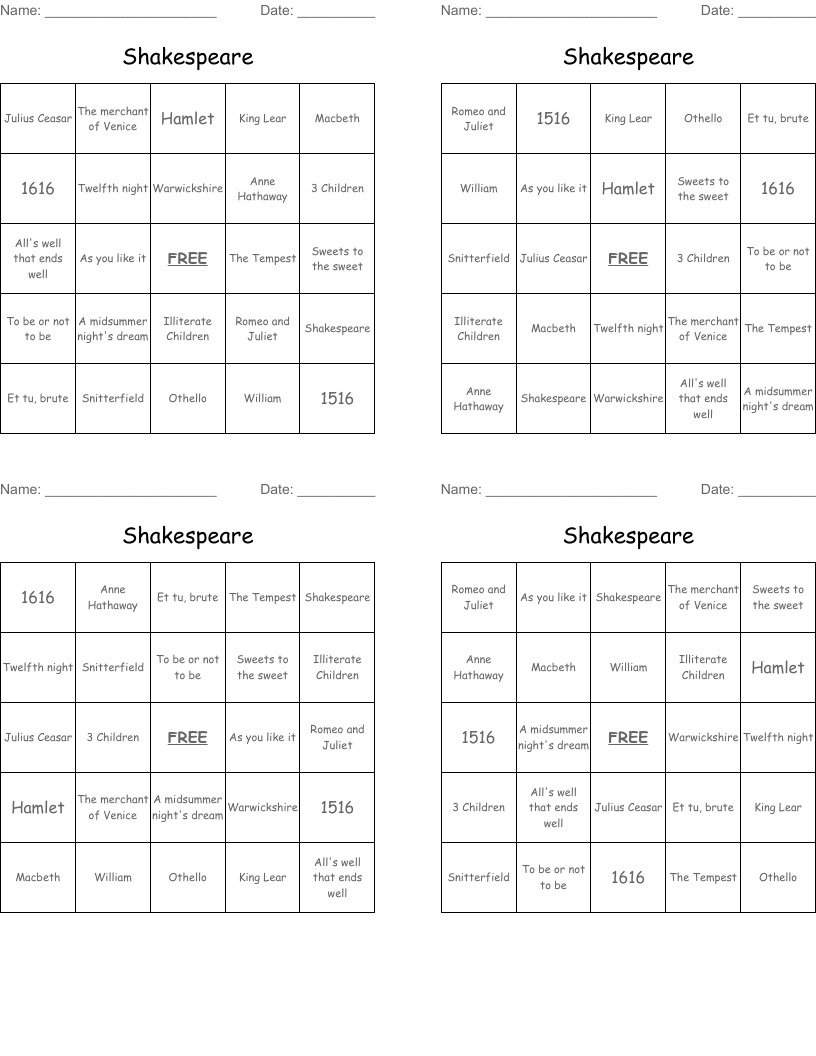 Shakespeare Bingo Cards