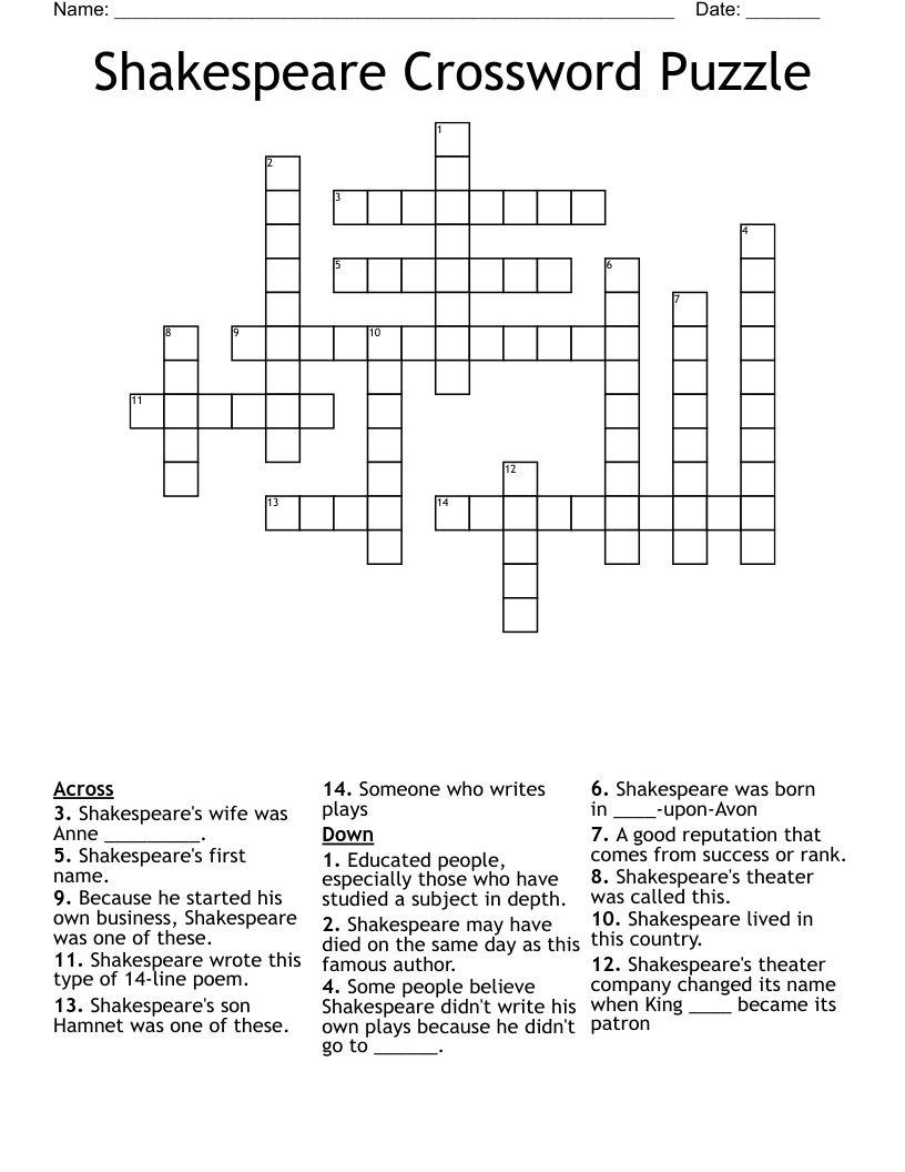 Shakespeare Crossword Puzzle