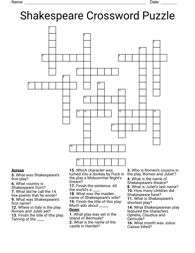 Shakespeare Crossword Puzzle