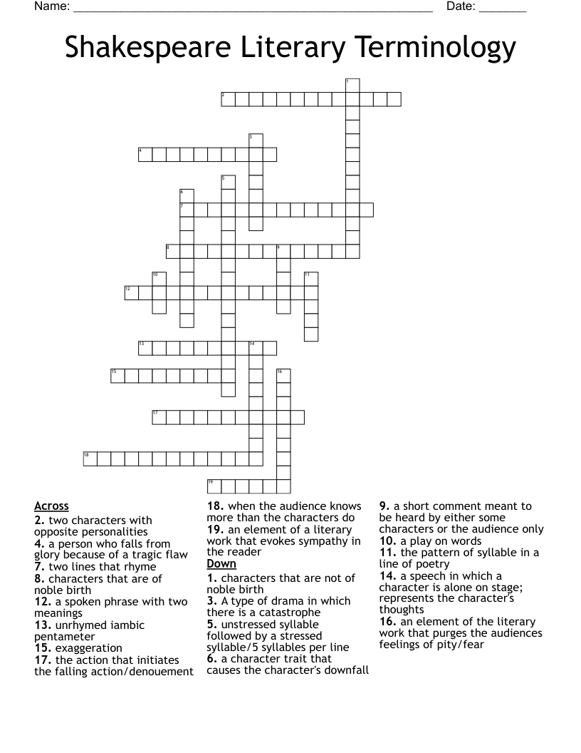 Shakespeare Literary Terminology  Crossword