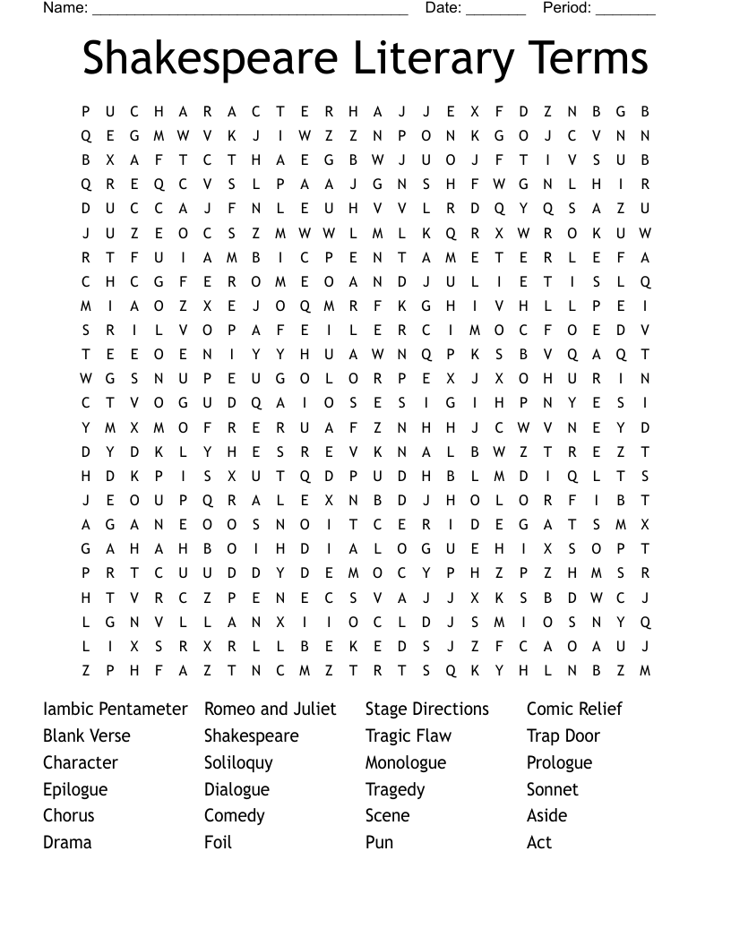 Shakespeare Literary Terms Word Search