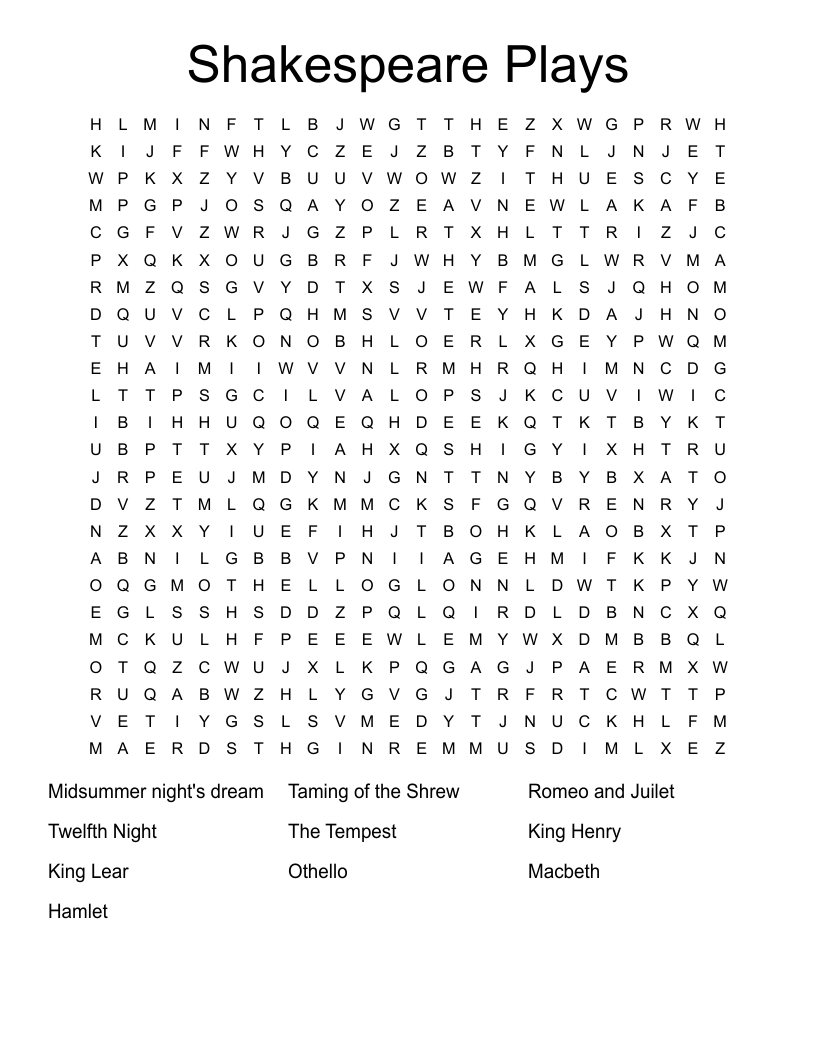 Shakespeare Plays Word Search
