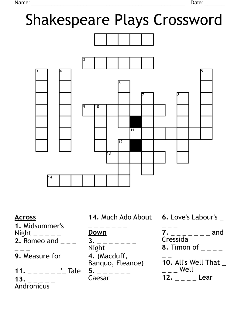 Shakespeare Plays Crossword
