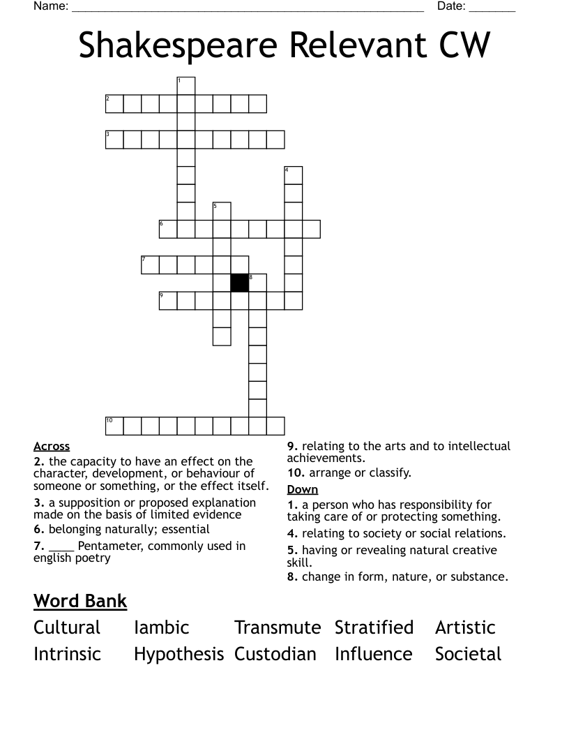 Shakespeare Relevant CW Crossword