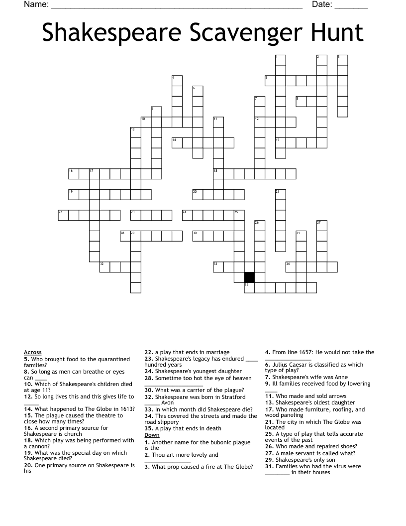 Shakespeare Scavenger Hunt Crossword