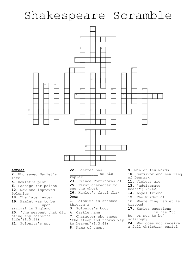 Shakespeare Scramble Crossword