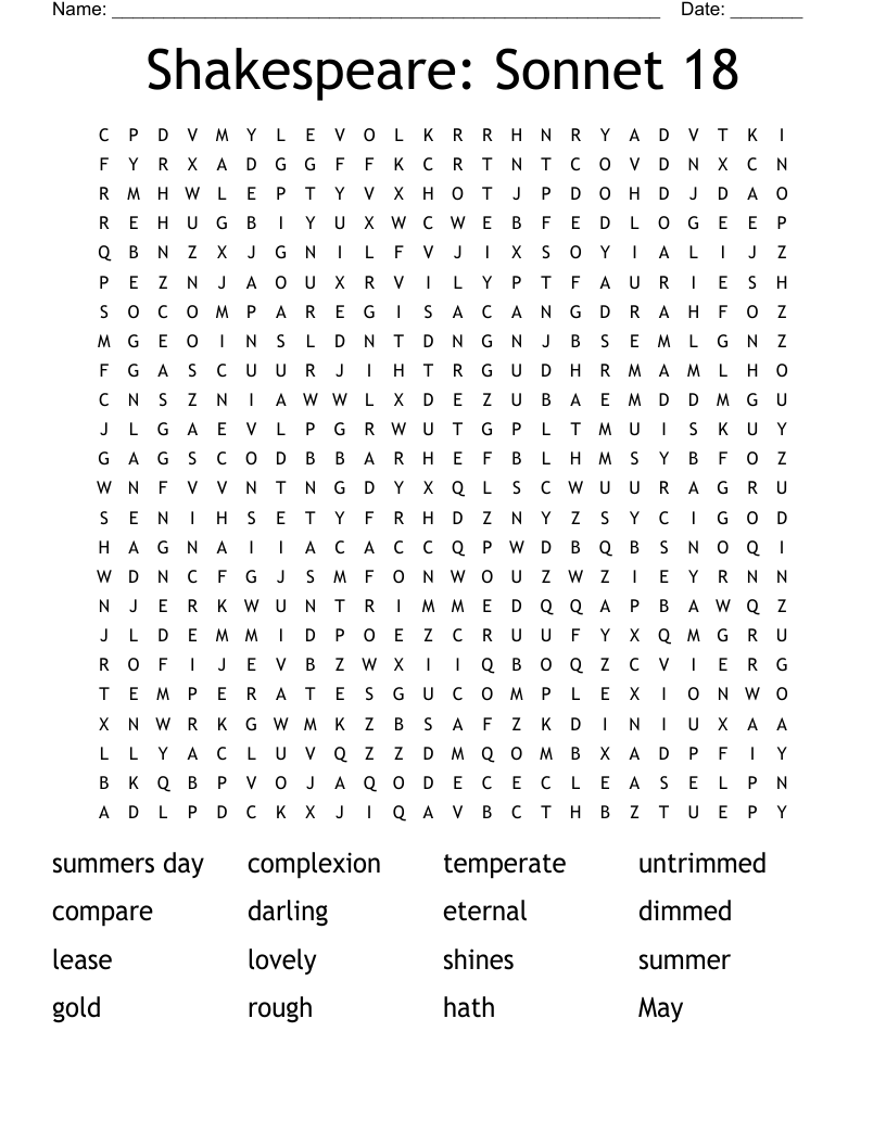 Shakespeare: Sonnet 18 Word Search