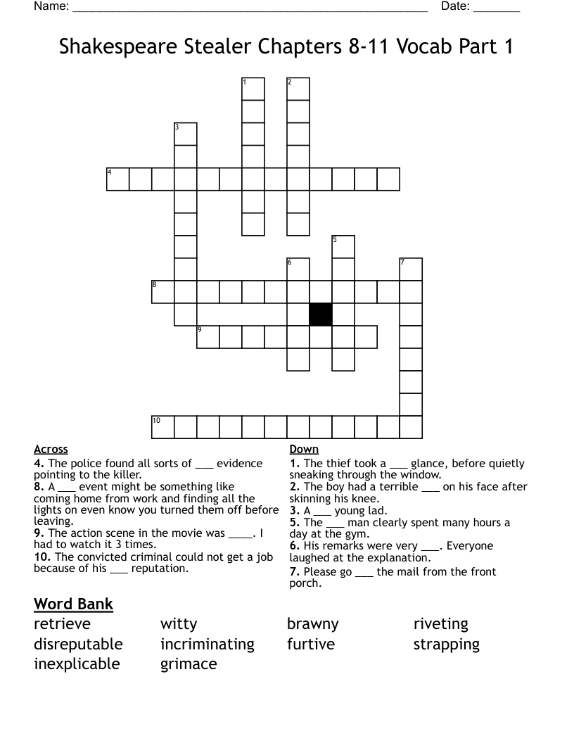 Shakespeare Stealer Chapters 8-11 Vocab Part 1 Crossword