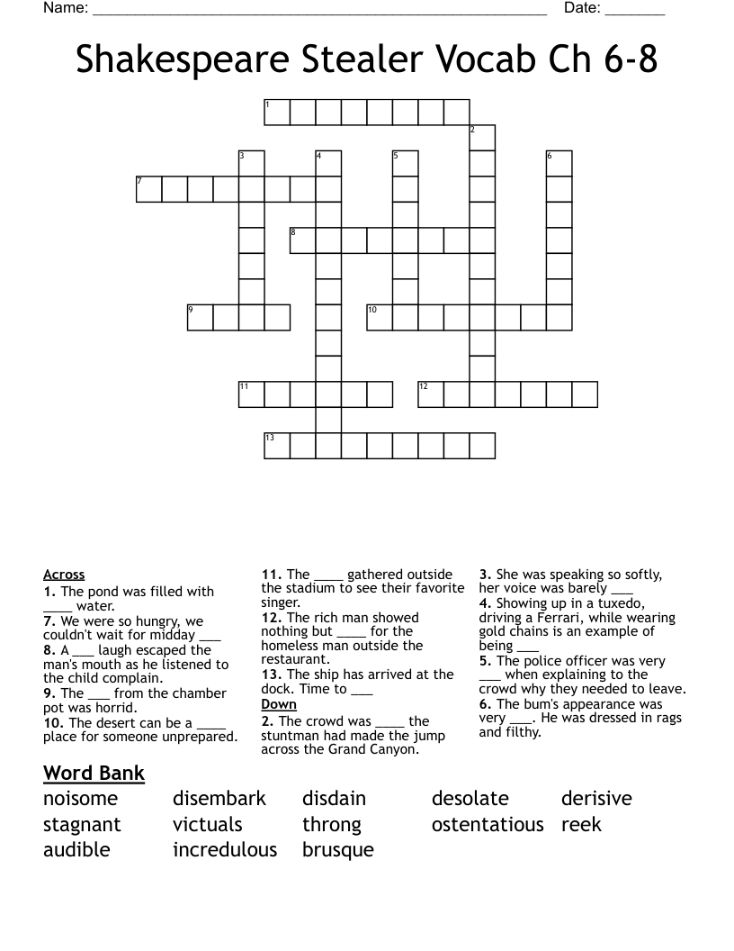 Shakespeare Stealer Vocab Ch 6-8 Crossword