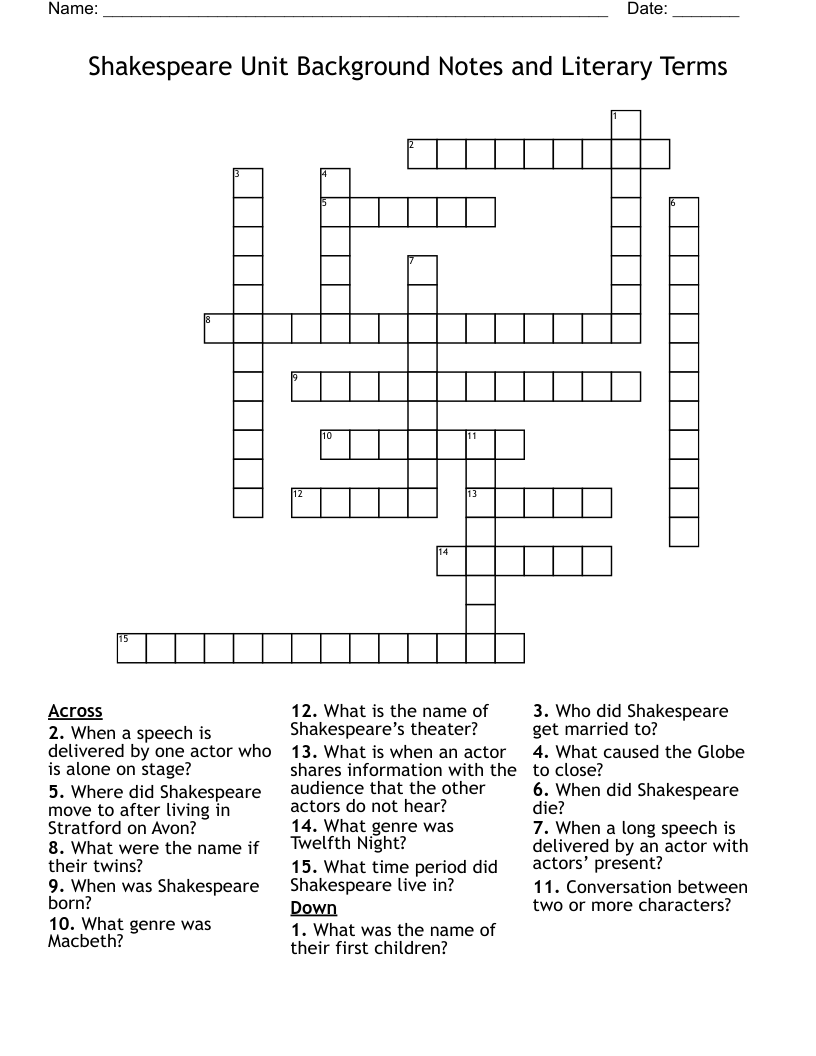 Shakespeare Unit Background Notes and Literary Terms  Crossword