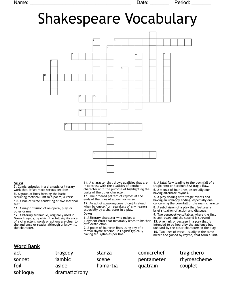 Shakespeare Vocabulary Crossword