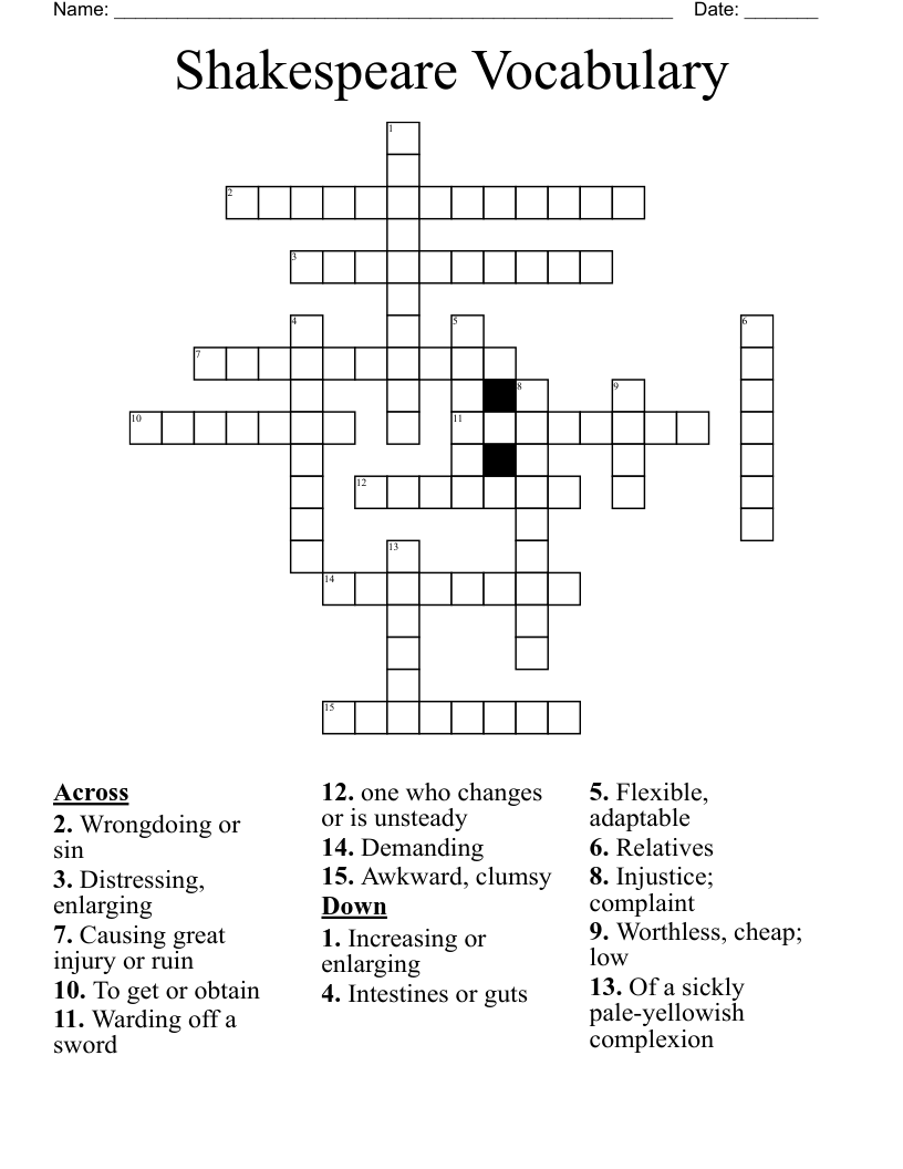 Shakespeare Vocabulary Crossword