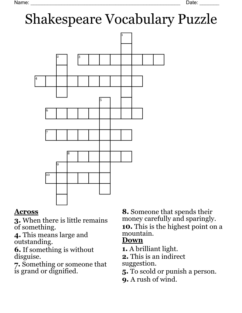 Shakespeare Vocabulary Puzzle Crossword