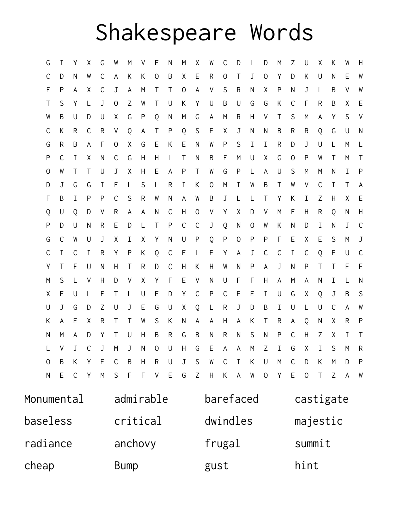 Shakespeare Words Word Search