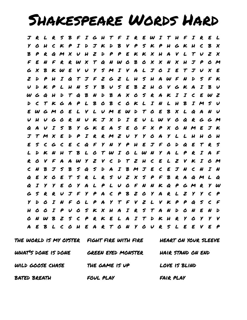 Shakespeare Words Hard Word Search