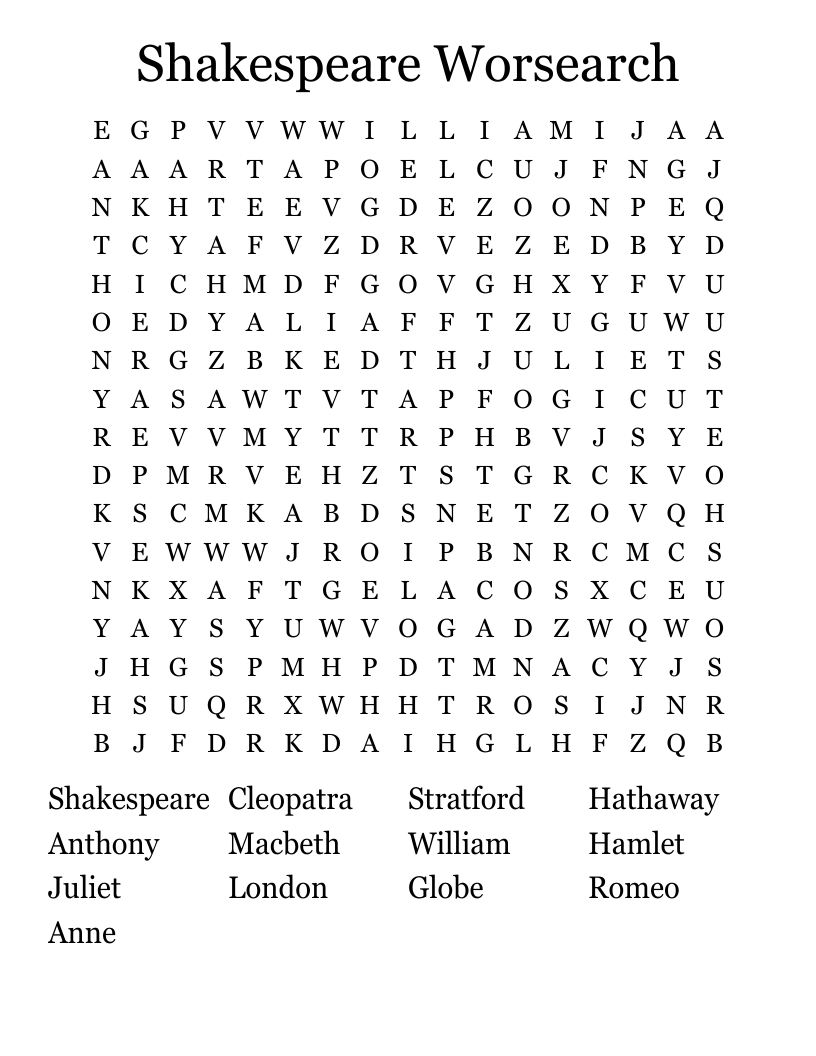 Shakespeare Worsearch Word Search