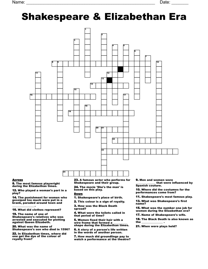 Shakespeare & Elizabethan Era Crossword