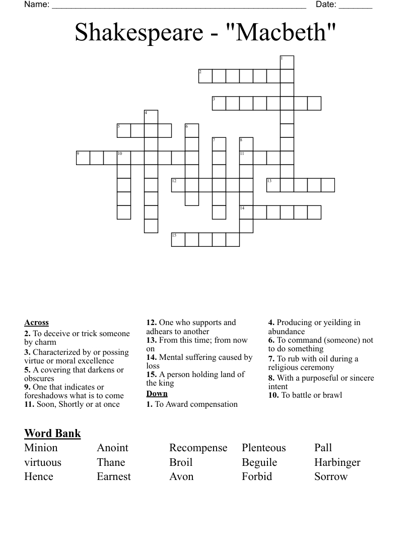 Shakespeare - "Macbeth" Crossword