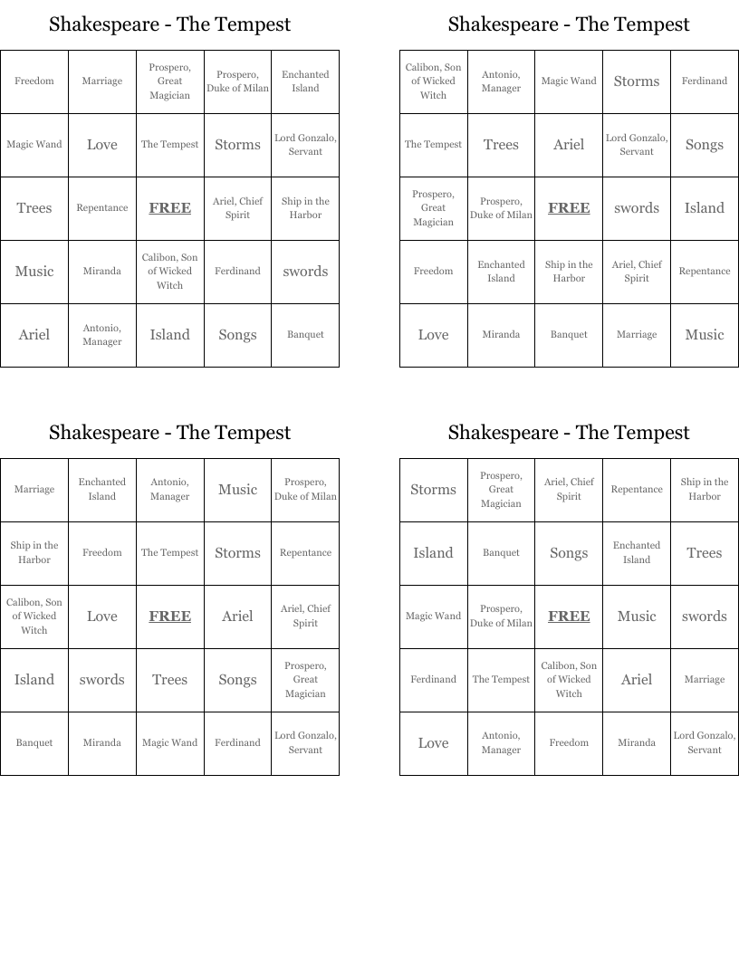 Shakespeare - The Tempest Bingo Cards