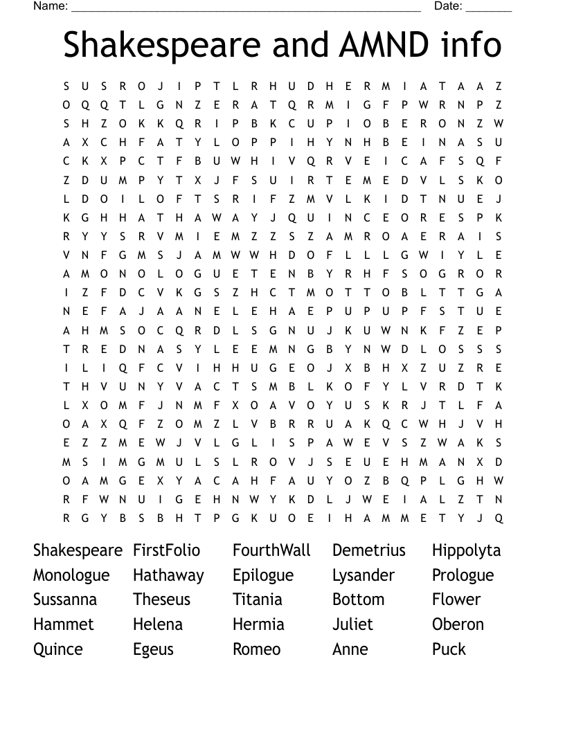 Shakespeare and AMND info Word Search
