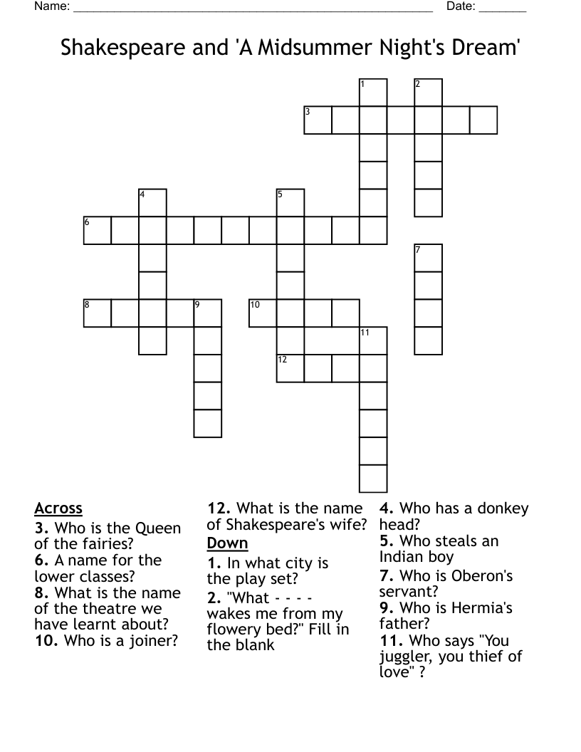Shakespeare and 'A Midsummer Night's Dream' Crossword