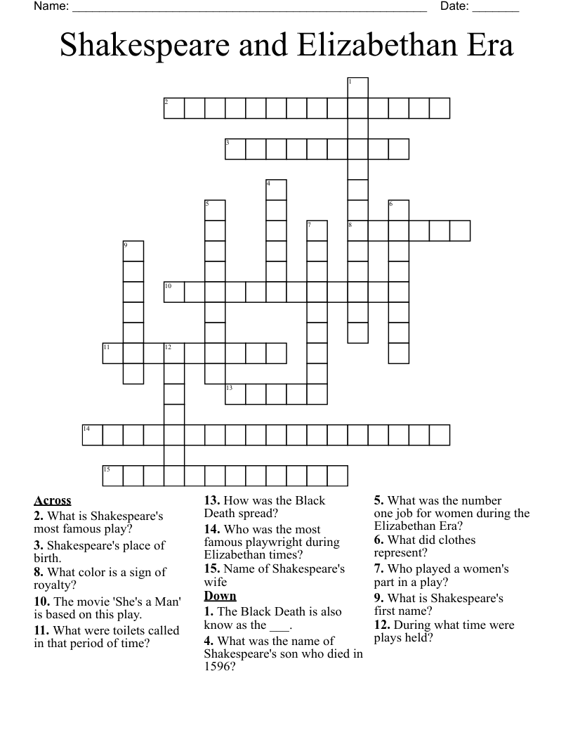 Shakespeare and Elizabethan Era Crossword