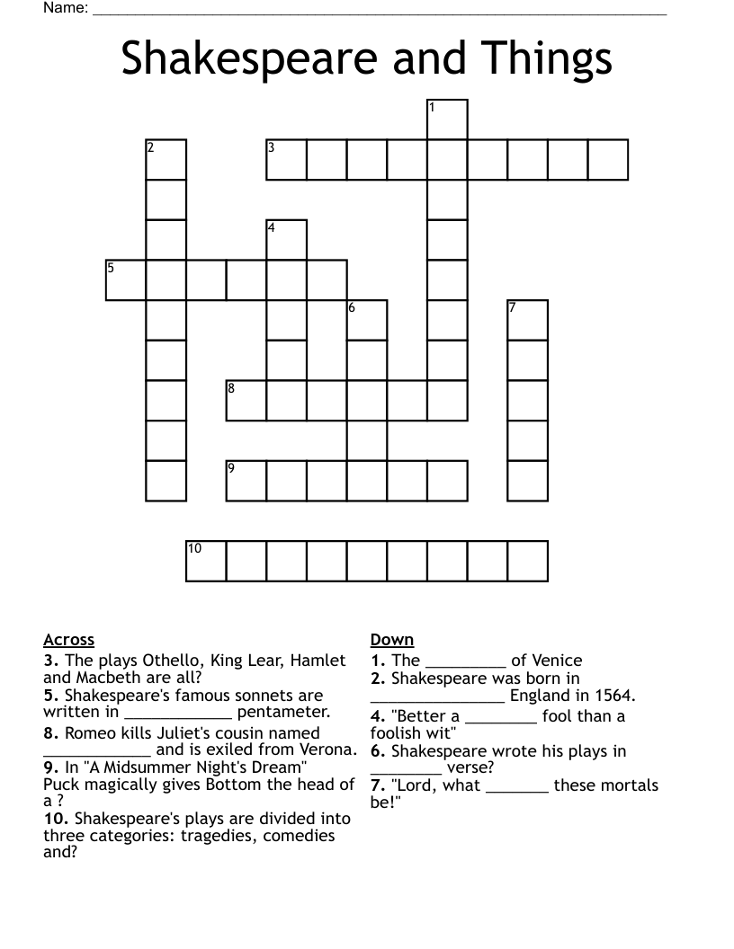 Shakespeare and Things Crossword