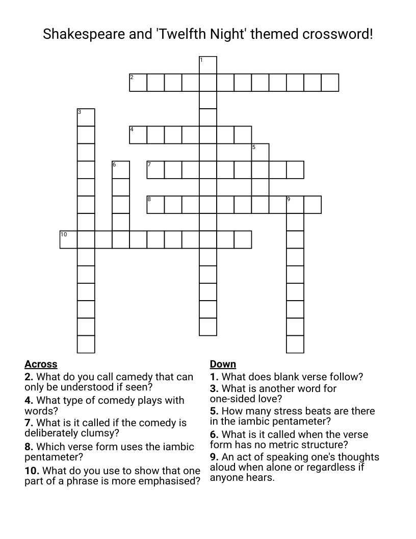 Shakespeare and 'Twelfth Night' themed crossword!