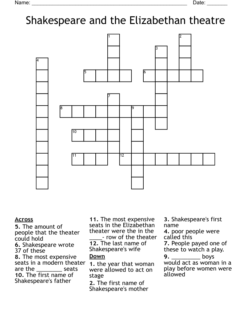 Shakespeare and the Elizabethan theatre Crossword