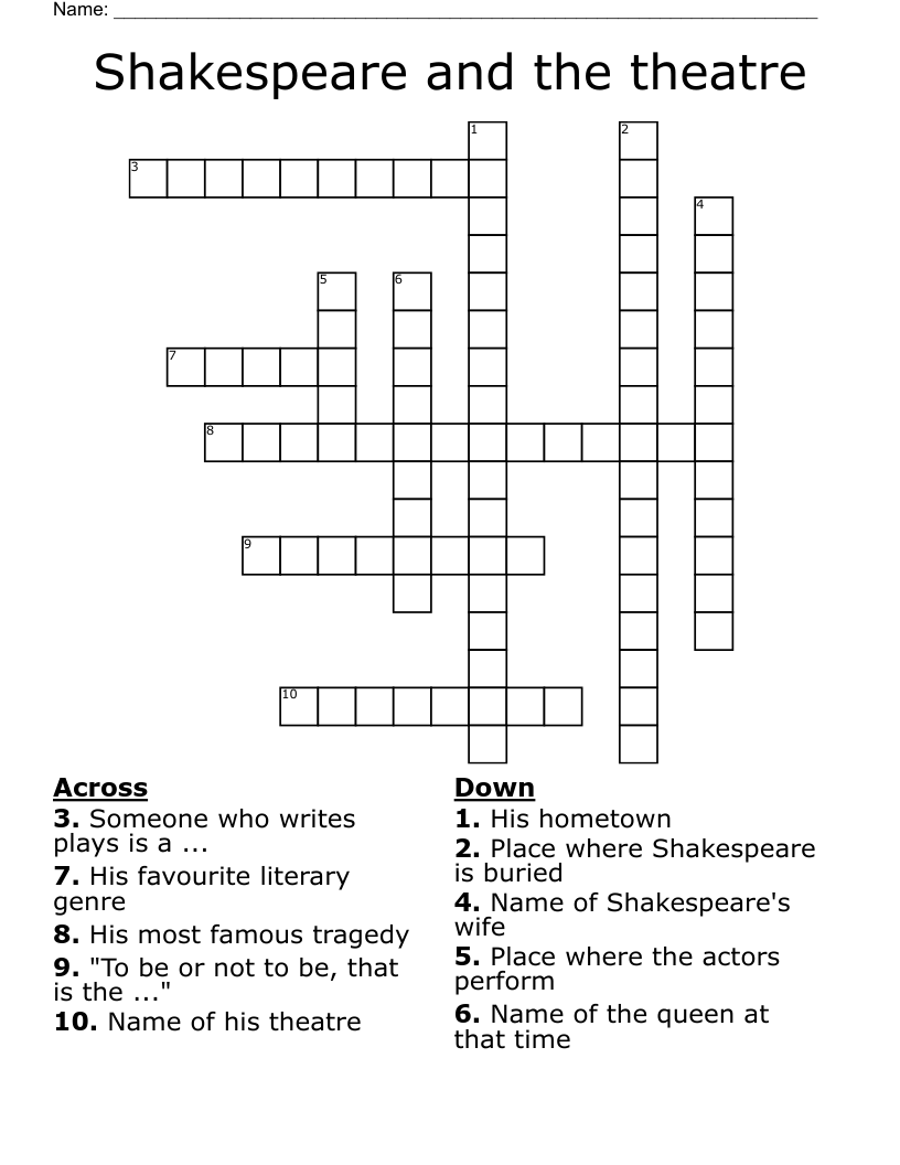 Shakespeare and the theatre Crossword