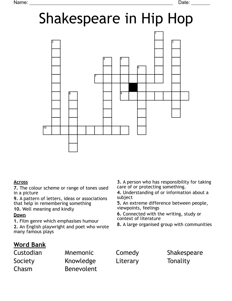 Shakespeare in Hip Hop Crossword