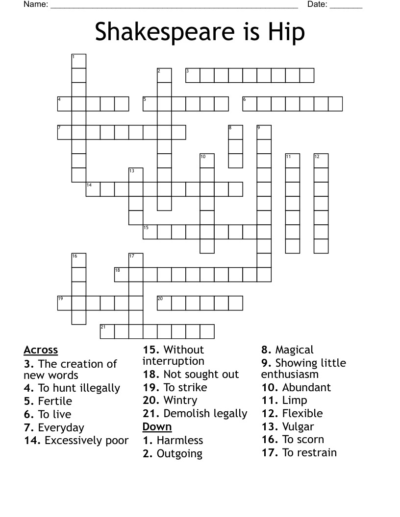 Shakespeare is Hip Crossword