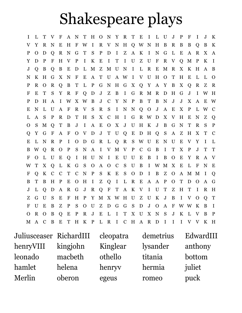 Shakespeare plays  Word Search