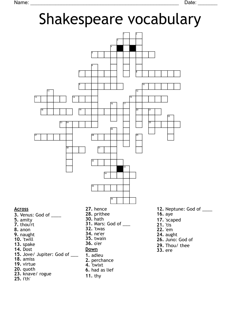 Shakespeare vocabulary Crossword