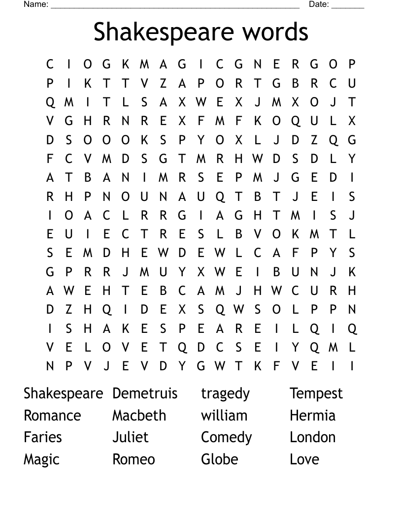 Shakespeare words Word Search