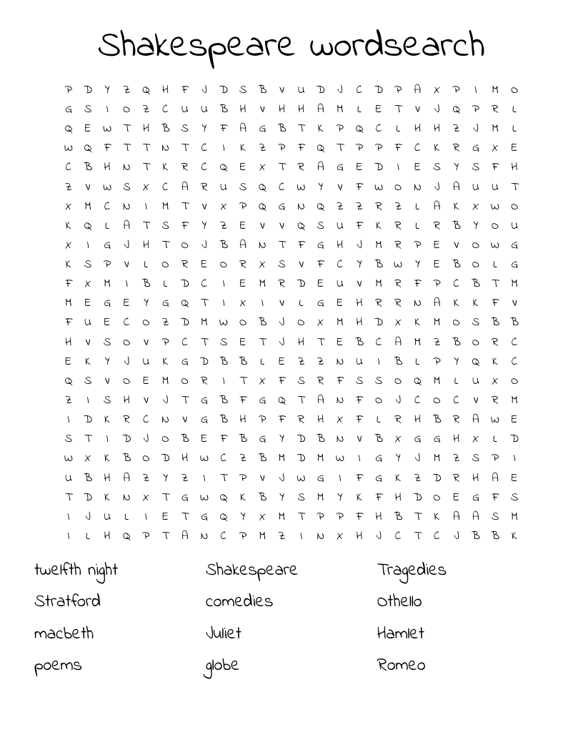 Shakespeare wordsearch