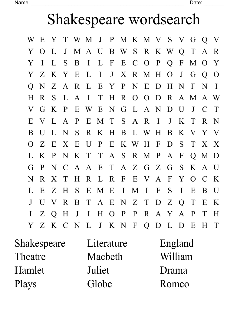 Shakespeare wordsearch
