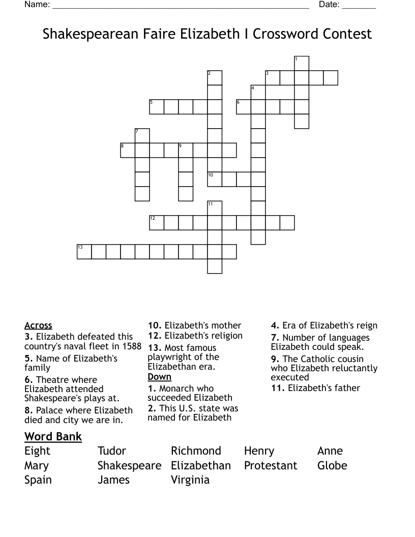 Shakespearean Faire Elizabeth I Crossword Contest