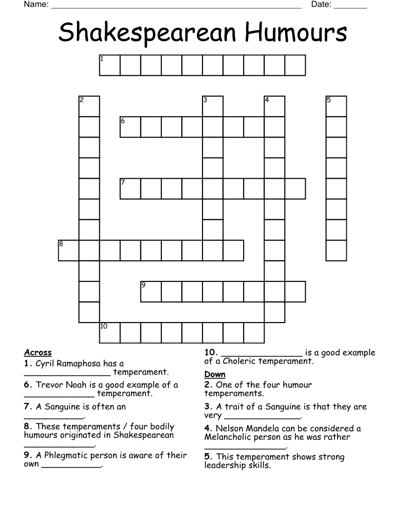 Shakespearean Humours Crossword