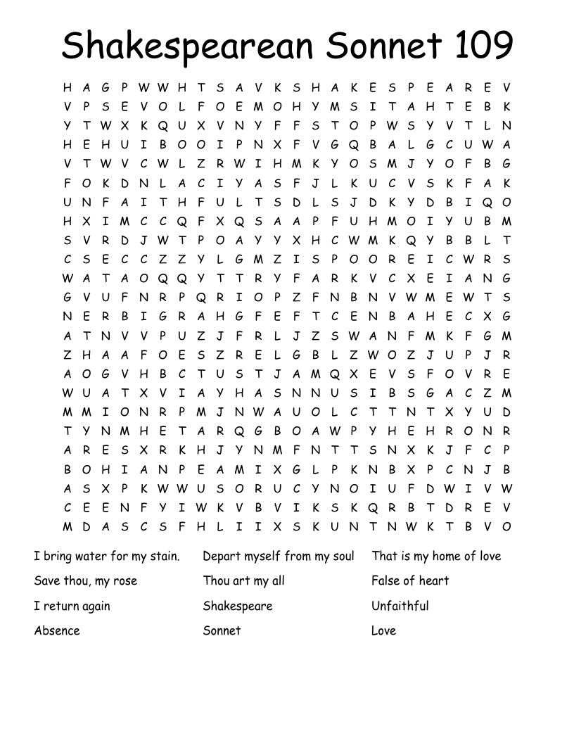 Shakespearean Sonnet 109 Word Search